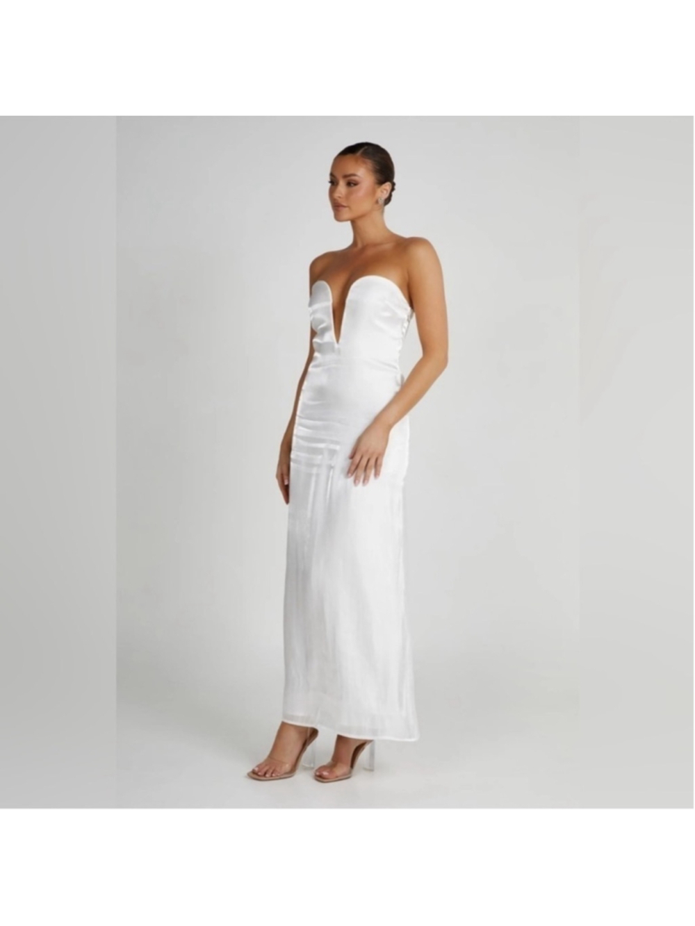 Meshki White Chantelle Strapless Plunge Satin Midi Dress - Picture 2 of 8